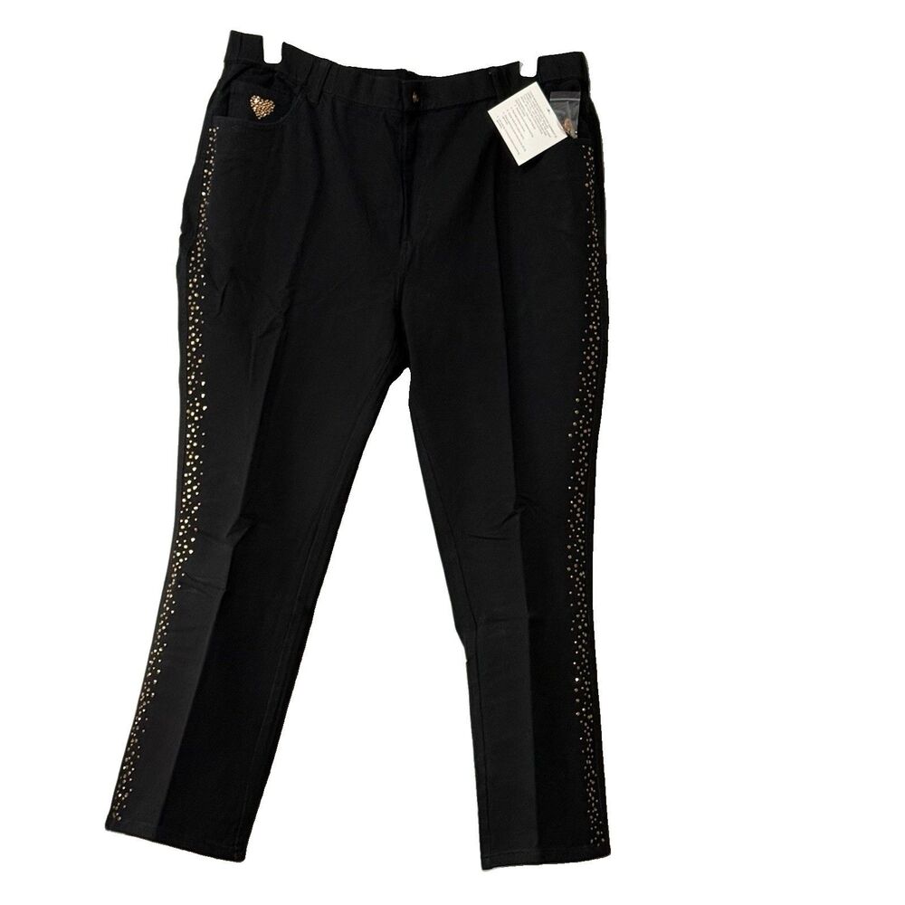 Quacker Factory DreamJeannes 1X Short Black Rhinestone Pull On Pants NWT